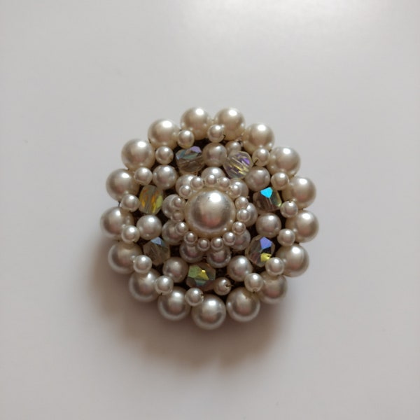 Faux Pearl Aurora Borealis Cluster Brooch Vintage Round Pin 1960s Jewelry Mid Century Rockabilly Pin Up Hollywood Glamor