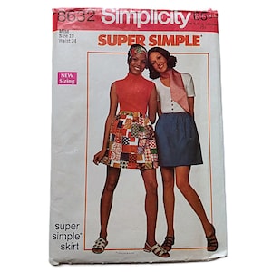 May include: A Simplicity sewing pattern envelope, number 8632, featuring two outfits: one with a sleeveless orange mock-neck top and a multi-coloured patchwork skirt, and another with a white short-sleeved top and a solid blue skirt. Text includes Super Simple.