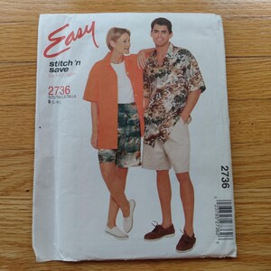 May include: A vintage sewing pattern titled "Easy stitch 'n save" with a picture of two people wearing matching outfits. The pattern number is 2736. The woman is wearing an orange shirt and shorts, and the man is wearing a patterned shirt and shorts.