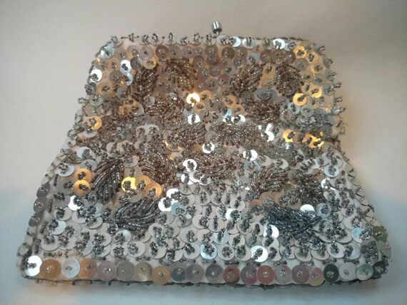 Vintage Purse Silver Sequin Beaded Kiss Lock Even… - image 6
