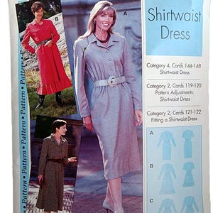 May include: A vintage sewing pattern titled "Shirtwaist Dress" featuring images of women wearing different styles of shirtwaist dresses. The pattern includes diagrams and instructions for various dress designs.