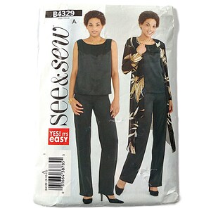 May include: A See & Sew B4329 sewing pattern envelope featuring two outfits: a sleeveless black top with matching trousers, and a black top with trousers paired with a long-sleeved, black and gold leaf-patterned duster jacket. The text reads B4329, See & Sew, and YES! IT'S EASY.