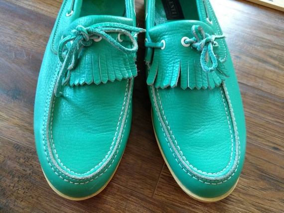 Vintage Mens Fringe Deck Boat Shoes Size 9 1/2 D Preppy Green 80s Loafers Valenti 1980s 1990s Retro Yachting Footwear