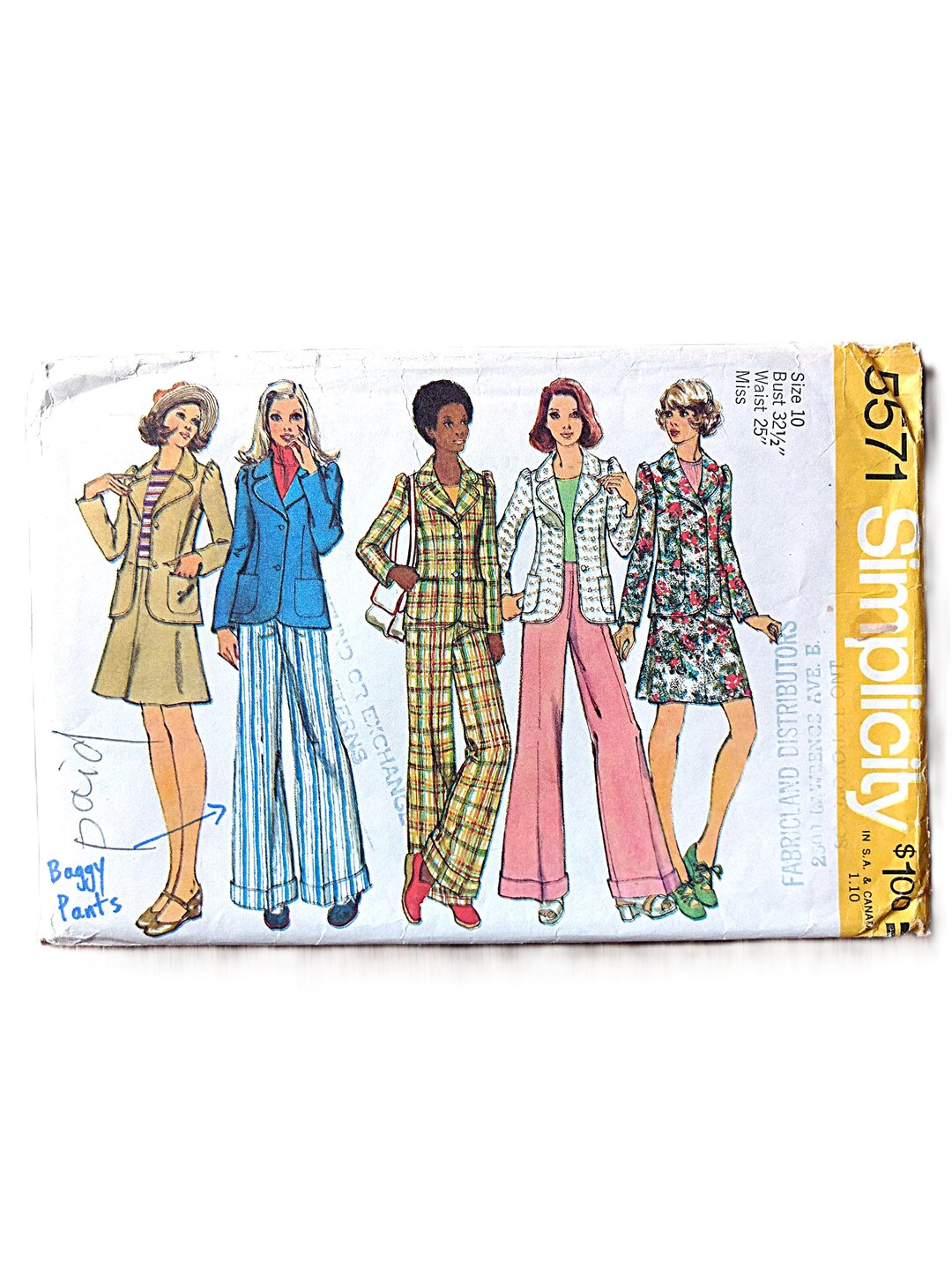 1970's Simplicity Bell Bottom Pants and A Line Skirt Pattern - Waist 25