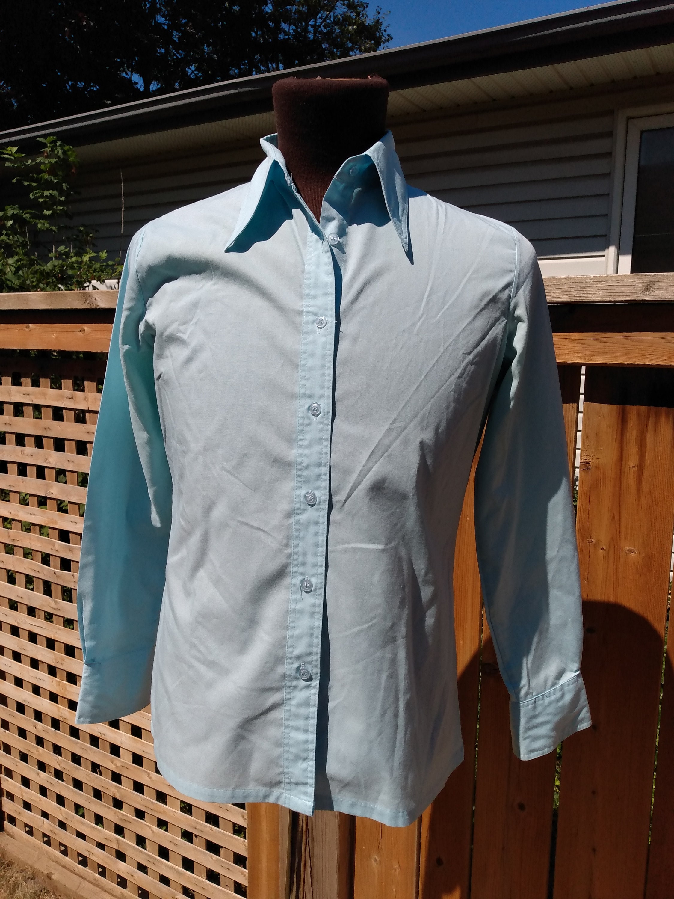 Vintage Butterfly Collar Shirt Light Blue Retro 70s Plain Button