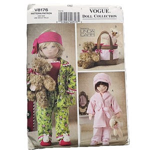 May include: Vogue Doll Collection pattern V8176. The pattern includes doll clothing designs, such as pyjamas, a robe, and a basket. The dolls are shown wearing pink and green pyjamas, a pink robe, and carrying teddy bears. Designed by Linda Carr.