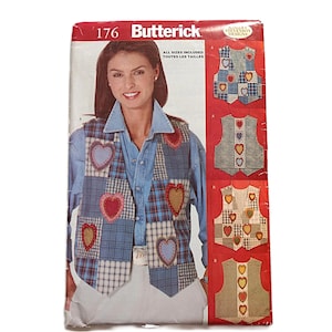 May include: A Butterick sewing pattern package featuring a patchwork vest design with heart appliqués. The package shows a woman wearing a sample vest. The vest is made of various fabrics in blue, red, and tan colors. The package includes the text "176 Butterick".
