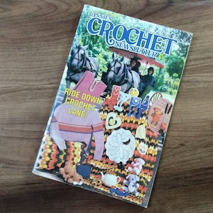 May include: Annie's Crochet Newsletter No. 17 featuring the text Ride Down Crochet Lane! The cover displays a pink sweater, a multi-colored chevron blanket, a white doily, small stuffed animal figures, and a teapot against a horse-drawn carriage background.