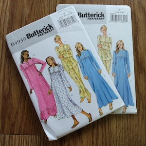 May include: Two Butterick Fast & Easy sewing pattern envelopes. One features a pink dotted nightgown, the other a blue nightgown. The patterns depict various sleepwear styles, including pajamas and nightgowns. The envelopes are on a wooden surface.