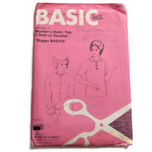 May include: A vintage pink sewing pattern titled "BASIC Knits" for a Women's Basic Top, T-Shirt, or Sweater. The cover features illustrations of two women wearing the garments. The text "Bigger BASICS" is also visible.