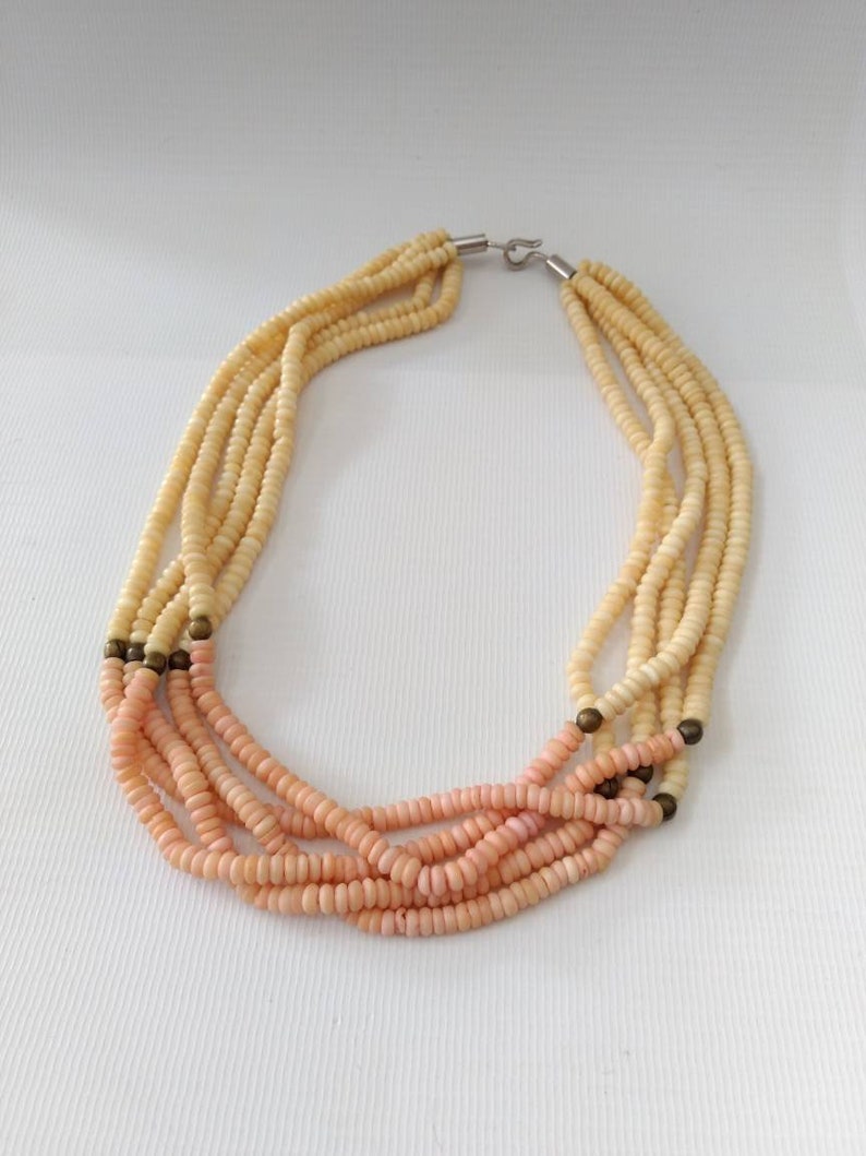 Vintage Bone Bead Necklace Peach Pink Creamy Off White Multi Strand Retro Boho Tropical Pastel