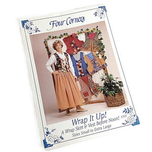 May include: A sewing pattern envelope titled Four Corners Wrap It Up! A Wrap Skirt & Vest Before Noon! 5500. The cover features a person wearing a long tan skirt and a patterned vest, with additional vest variations displayed on a rack behind them.