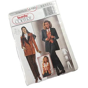 May include: A Burda Couture sewing pattern envelope labeled 4165 featuring illustrations of a double-breasted blazer, a long jacket, trousers, and a patterned vest. The package displays European sizes 36-44 and corresponding sizes 10-20 with a barcode.
