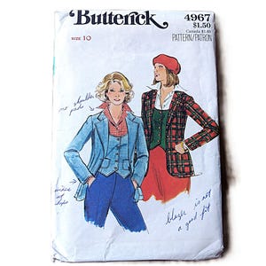 May include: A Butterick 4967 size 10 sewing pattern envelope featuring illustrations of two outfits. One shows a blue blazer, waistcoat, and trousers with handwritten notes. The other shows a red plaid blazer, green waistcoat, and red skirt with a red beret.
