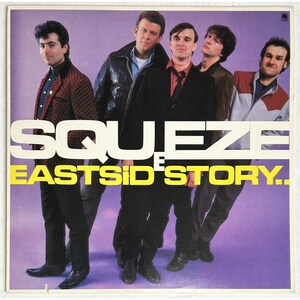 May include: Album cover for Squeeze's "East Side Story" featuring five men in various outfits against a purple background. The band's name, "SQUEEZE," is in large white letters above the album title, "EASTSID' STORY," in yellow.