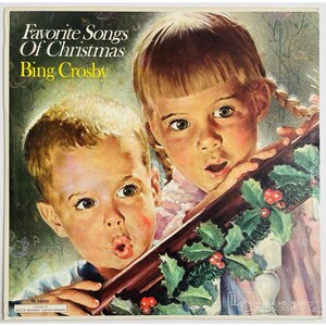May include: Vintage album cover for "Favorite Songs Of Christmas" by Bing Crosby. The cover art features two children looking up in awe, holding a decorated wooden instrument. The album's title and artist's name are displayed at the top.