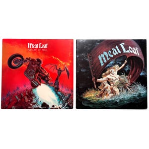 May include: Two vinyl record covers by Meat Loaf. The left cover features a motorcycle on a red background with the text Meat Loaf Bat Out Of Hell. The right cover shows a group of figures emerging from water under a banner reading Meat Loaf.