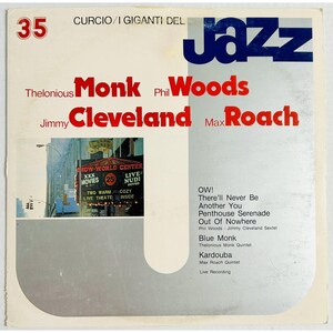 May include: Vintage jazz album cover featuring Thelonious Monk, Phil Woods, Jimmy Cleveland, and Max Roach. The cover has a white background with red and blue text. The album title is "Jazz". A photograph of a theater marquee is also included.