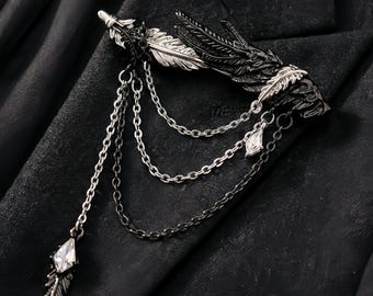 Delicate Feather and Chain Brooch with Crystal Drops Graceful Plume Pin for Elegant Styling