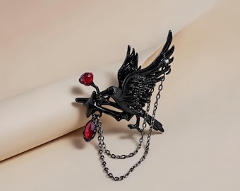 Raven Rose Chain Brooch | Intricate Bird Emblem Pin with Dangling Accents