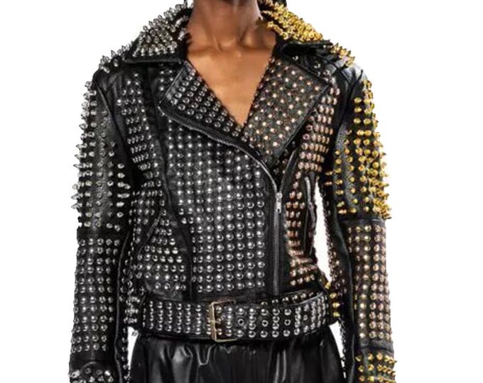 Featured listing image: Handmade Steampunk Studded Leather Biker Jacket - Silver & Gold