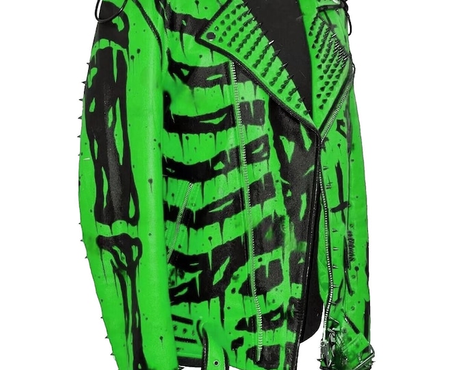 Featured listing image: Men's Snake logo Punk Rock Cowhide Leather Biker Jacket with Spikes