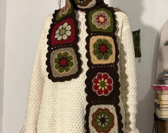 Patrón de bufanda cuadrada de abuela a crochet, bufanda floral de otoño, estética bohemia otoñal, bufanda acogedora