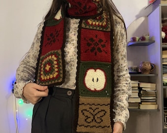 Crochet + Knit Cottagecore Patchwork Scarf PDF Pattern, Flowers and Apple Motif, Cozy Granny Square Folk Winter Scarf, Fairytale Accessory