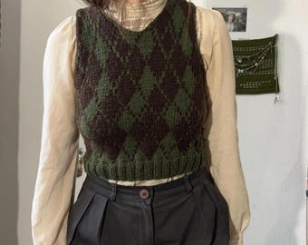 Strickmuster Weste Acadamy, Vintage Argyle-Weste, Altes Geld Ästhetischer Pullover, Retro-Weste, Klassische Pullover-Weste Anfänger-freundlich
