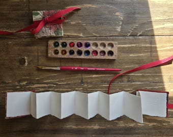 Handmade Mini Accordion Watercolor Journal- Arches 100 percent cotton paper-Tiny Artist Sketchbook