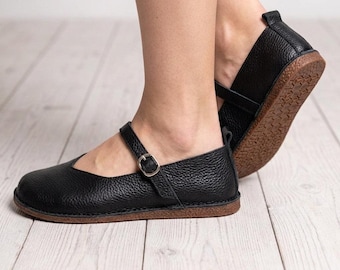 Bequeme Leder Barfuß Mary Janes, Zero Drop flache Schuhe mit breiter Kappe, weiches Top-Korn-Rindleder, minimalistische Damenschuhe