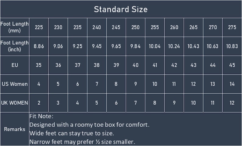 May include: A dark blue standard size chart for footwear with white text. It displays foot length in millimeters and inches, EU sizes, US women's sizes, and UK women's sizes from 35 to 45. A remarks section notes a roomy toe box for comfort.