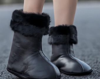 Echte schapenvacht voering voor laarzen | Warme wollen sokslippers | Comfortabele binnenschoenen met leren zool