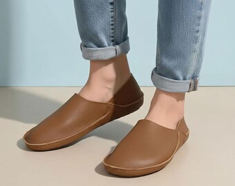 ベアフットレザーシューズ、ミニマリストグラウンディングスリッポンフラットシューズ、ユニセックスゼロドロップシューズ、トップグレインカウハイド