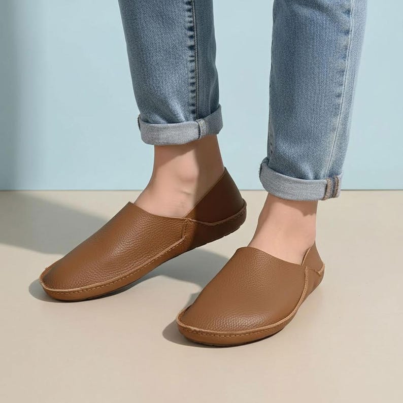 Top grain cowhide leather barefoot shoes in tan, minimalist slip-on grounding shoes with flat rubber sole