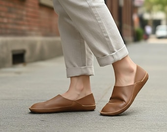 Barefoot Leather Shoes, Minimalist Grounding Slip-On Flats, Unisex Zero Drop Shoes, Top Grain Cowhide
