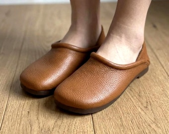 Mocassini minimalisti in pelle da donna - Mocassini morbidi ispirati alla camminata a piedi nudi - Comodi mocassini con punta larga - Sandali con tacco basso