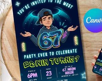 Neon Party Six Seven Birthday Invitation 67 Meme Viral Invite Street Art Bday Party Editable Canva Template Digital Download
