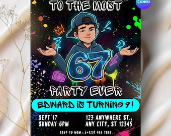 Six Seven Birthday Invitation 67 Viral Meme Invite Kids Boy Birthday Party Colorful Graffiti Splashing Art Editable Template Birthday Trendy