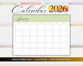 Planificador mensual 2026 Calendario 2026 Nota imprimible Calendario minimalista Inicio domingo Lunes A4 12 meses Descarga digital Calendario PDF simple