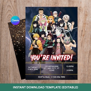 May include: An invitation template featuring a group of anime characters with the text "YOU'RE INVITED!" in red. The design includes event details and a Canva logo. The background is a dark, stormy sky.