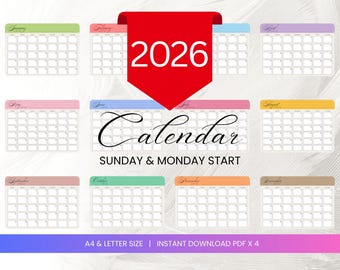 Planificador mensual colorido 2026 Calendario 2026 Nota imprimible Calendario minimalista Inicio domingo Lunes A4 Calendario de descarga digital de 12 meses