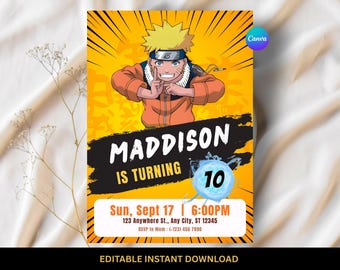Orange Fighter Anime Birthday Invitation Manga Kids Party Japanese Invite Printable Birthday Editable Digital Template