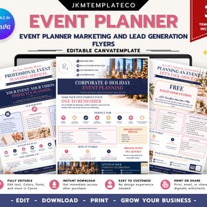Pode incluir: Uma exibição digital de três folhetos de marketing para organizadores de eventos com esquemas de cores azul-marinho e branco, apresentando títulos como Professional Event Planning Services e Corporate & Holiday Event Planning.