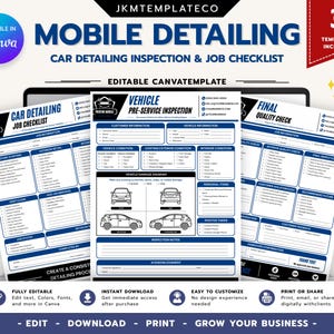 May include: Three white and blue mobile detailing templates featuring a car detailing job checklist, a vehicle pre-service inspection form with a damage diagram, and a final quality check sheet, all editable in Canva for professional business use.