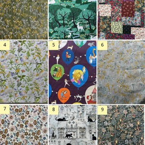 May include: A collection of nine fabric swatches featuring diverse patterns including olive green with wildflowers, a forest scene with white deer, a floral patchwork, botanical prints, circus balloons, gray wildflowers, floral motifs, black cats, and a dark woodland scene.