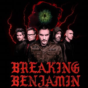 May include: A promotional image for the band Breaking Benjamin. The image features five men in dark clothing against a black background with red accents. The band's name is written in red at the bottom.