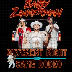 May include: A promotional image for Bailey Zimmerman's "Different Night, Same Rodeo." The image features three men, one holding a guitar, and another holding a microphone. The text "Bailey Zimmerman" and "Different Night Same Rodeo" are displayed in orange.