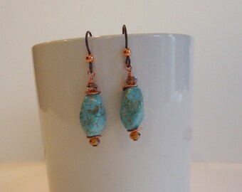 Turquoise Earrings, Turquoise Copper Earrings, Turquoise Czech Glass Earrings