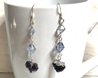 Blue Czech Glass Leaf Earrings